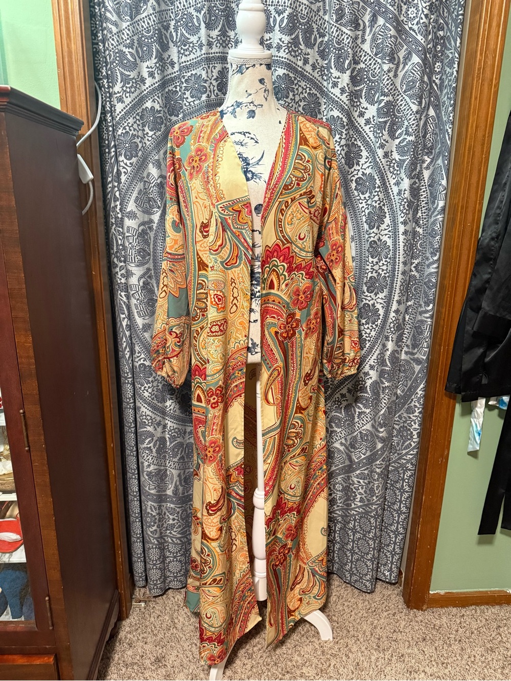 Bohemian Paisley Long Kimono Robe in Multicolor orange/brown/teal (large)